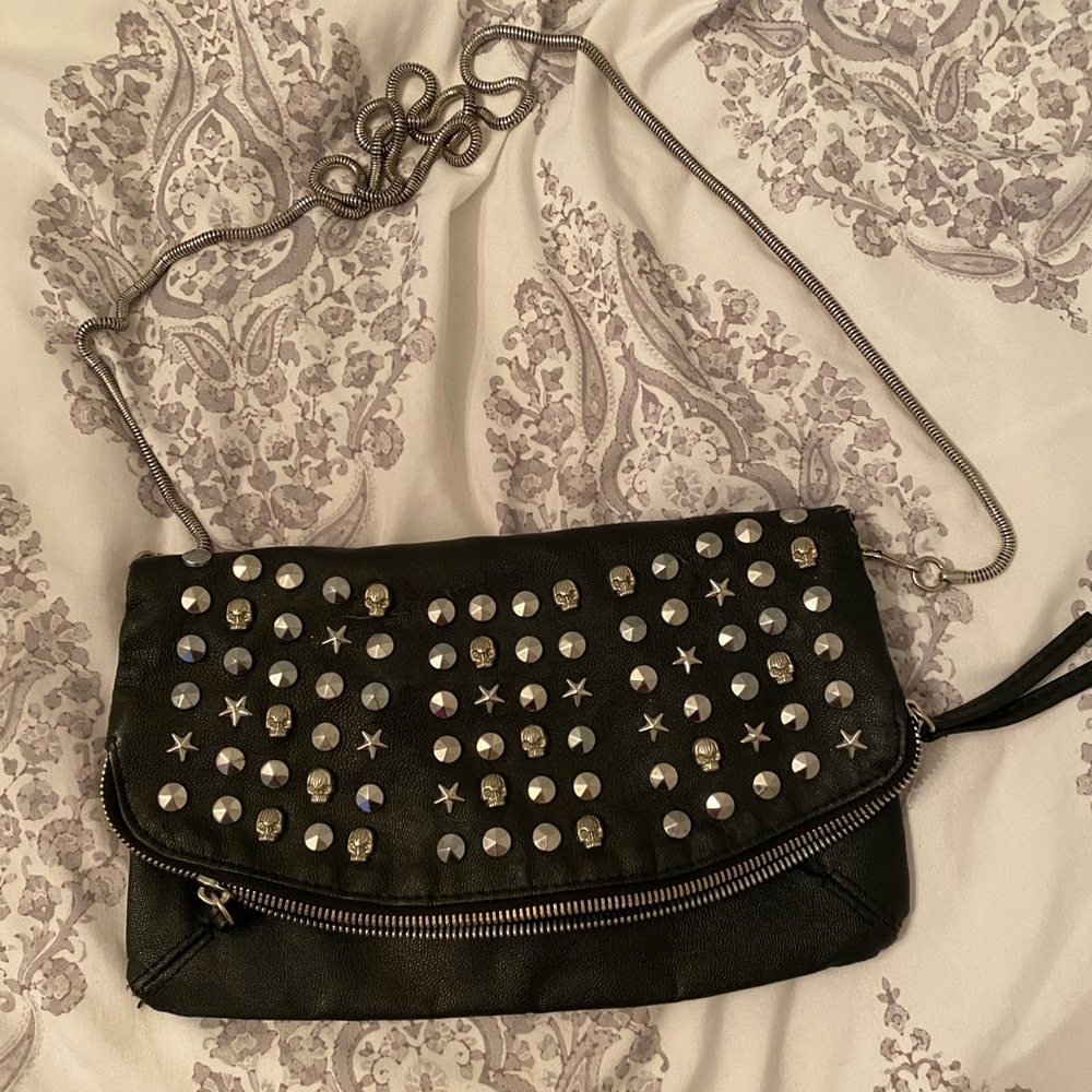 Black studded crossbody with silver chain strap